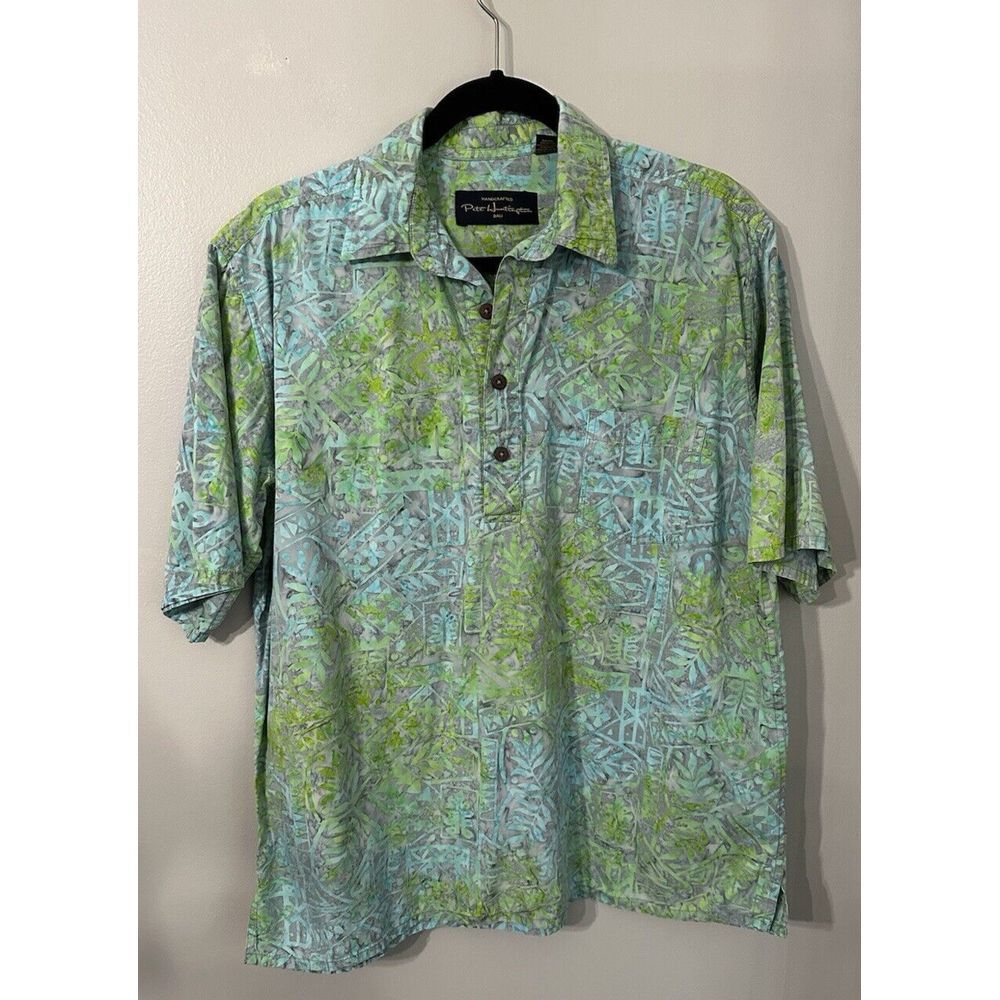 Pete‎ Huntington Bali Handcrafted Green Blue Hawaiian Shirt Size Medium Popover - Picture 2 of 9